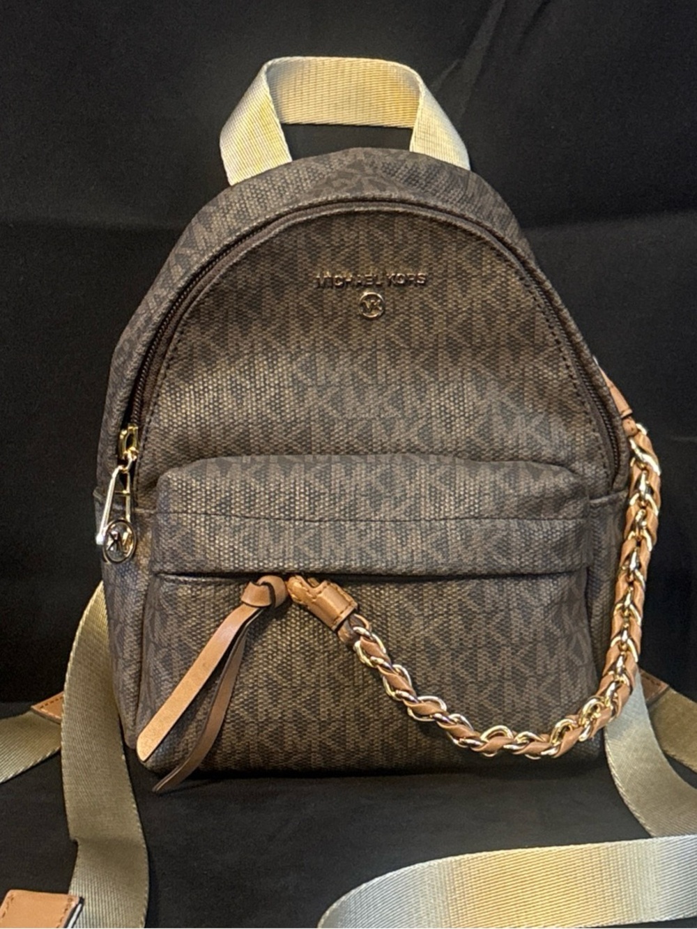 Michael Kors Brown Monogram Mini Backpack with Chain Detail